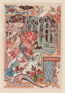 Chevalier sur son cheval pointant sa lance contre un diablotin Illustration by Eugène Samuel Grasset