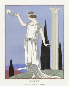 Psych&eacute: Robe du soir de Worth from Gazette du Bon Ton No. 9 Pl. 68 1921 fashion illustration  by George Barbier. 