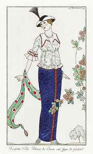 Costumes Parisiens no. 3: Toilette d&Eacutet&eacute Toilette d&Eacutet&eacute Blouson de Linon sur Jupe de foulard from Journal des Dames et des Modes 1912 fashion illustration  by George Barbier. 