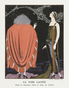 La voie lact&eacutee: Robe et manteau pour le soir de Worth 1921 fashion illustration  by George Barbier. 