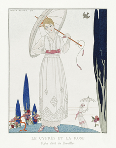 The cypress and the rose: Summer dress by Doeuillet from Gazette du Bon Ton No. 7 Pl. 70 1914 fashion illustration  by George Barbier. 