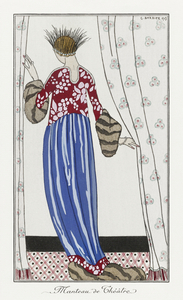 Costumes Parisiens No. 71: Manteau de Th&eacute&acirctre from Journal des Dames et des Modes 1913 fashion illustration by George Barbier. 