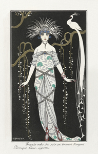 Costumes Parisiens: Grande robe du soir from Journal des Dames et des Modes 1914 fashion illustration  by George Barbier. 
