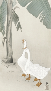 Two geese at banana tree 1900 - 1945 by Ohara Koson 1877-1945.
