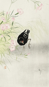 Moorhen at flowering plant 1900 - 1936 by Ohara Koson 1877-1945.