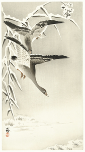 Two collies in snowy landscape 1900 - 1930 by Ohara Koson 1877-1945.