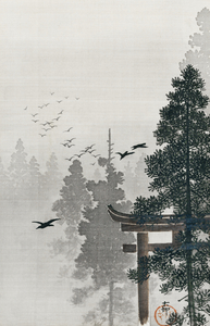 Flock of birds and a torii gate in a pine tree forest 1877-1945 by Ohara Koson 1877-1945.