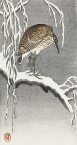 Heron on snowy tree branch 1925 - 1936 by Ohara Koson 1877-1945.