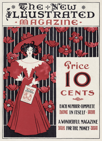 The New Illustrated Magazine 1890–1900 cover of flowers and a fashionably dressed woman holding magazine by Ethel Reed.  Print