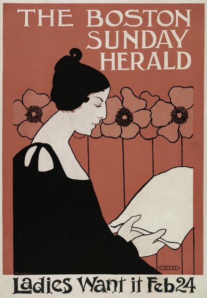 The Boston Sunday Herald 1895–1901 vintage poster of a woman reading a newspaper in art nouveau style by Ethel Reed.  Print