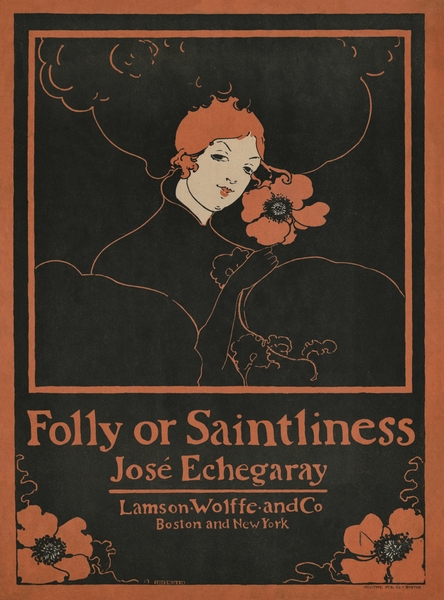 Folly or Saintliness 1895 vintage poster of a woman with flowers by Ethel Reed.  Print