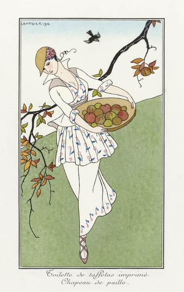 Costumes Parisiens: Toilettes de taffetas 1914 fashion illustration  by George Barbier.  Print