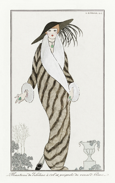 Costumes Parisiens: Manteau de Zibelin 1912 fashion illustration  by George Barbier.  Print