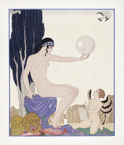 Seated woman and cherub 1929 fashion illustration by George Barbier. Print