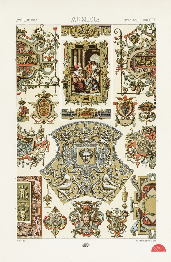 16th Century pattern. 1888 edition Lornement Polychrome by Albert Racine 1825–1893.  Print