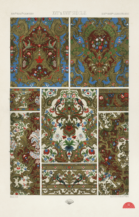 17th and 18th Century pattern. 1888 edition Lornement Polychrome by Albert Racine 1825–1893.  Print