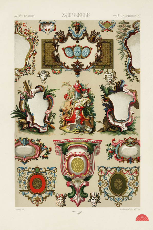 18th Century pattern. 1888 edition Lornement Polychrome by Albert Racine 1825–1893.  Imprimer
