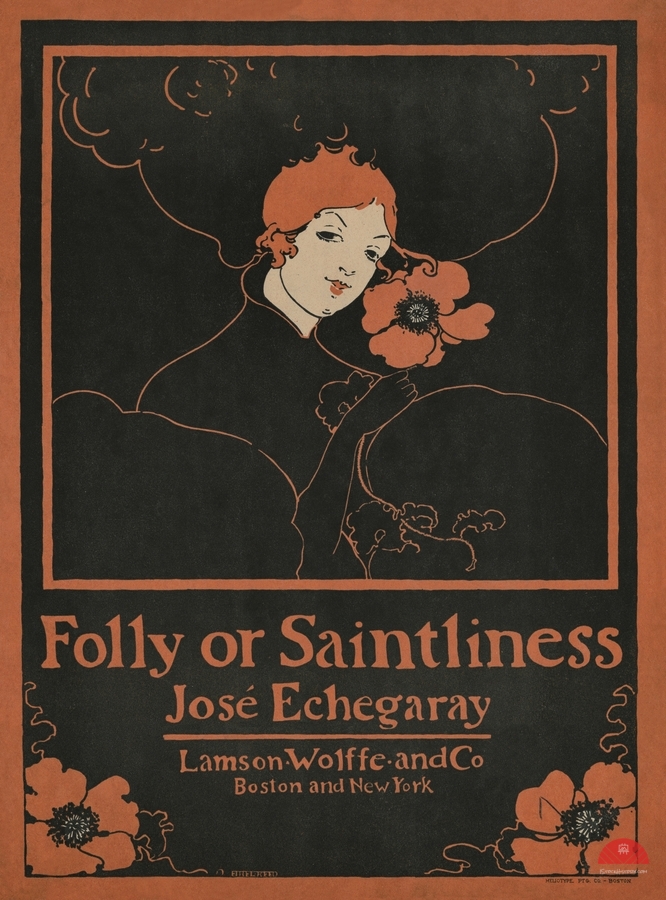 Folly or Saintliness 1895 vintage poster of a woman with flowers by Ethel Reed.   Print
