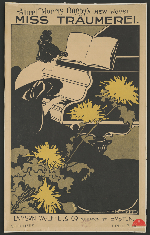 Woman playing piano with art nouveau style chrysanthemum flowers in foreground 1895 print by Ethel Reed.  Print