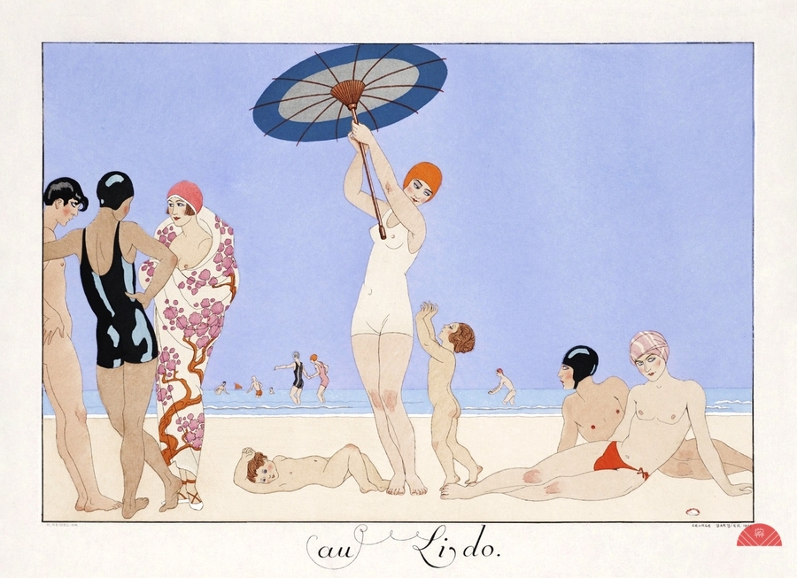 Au Lido Plate no.14 1920 fashion illustration by George Barbier.  Print