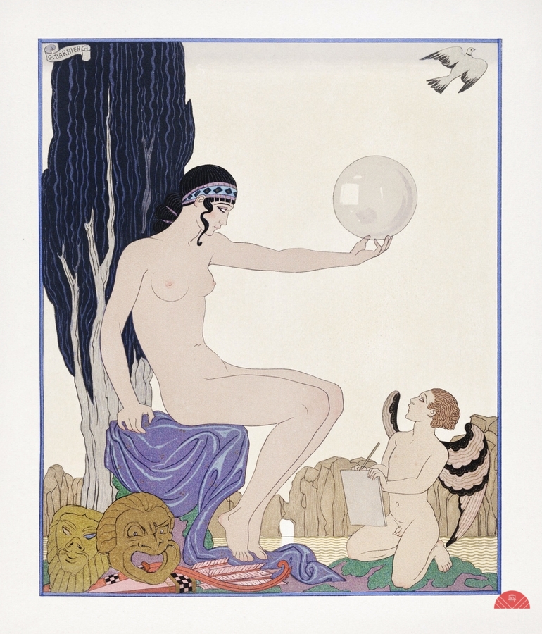 Seated woman and cherub 1929 fashion illustration by George Barbier.  Print