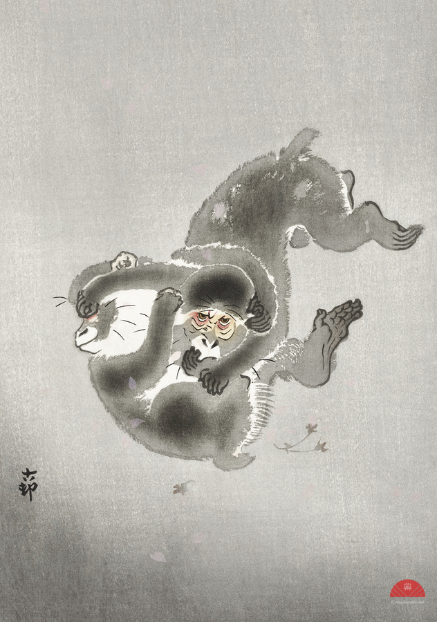Two playing monkeys 1900 - 1930 by Ohara Koson 1877-1945.  Print