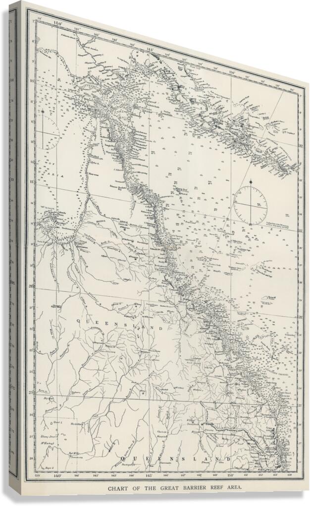 Chart of the Great Barrier Reef Area from The Great Barrier Reef of Australia 1893 by William Saville-Kent 1845-1908.  Canvas Print