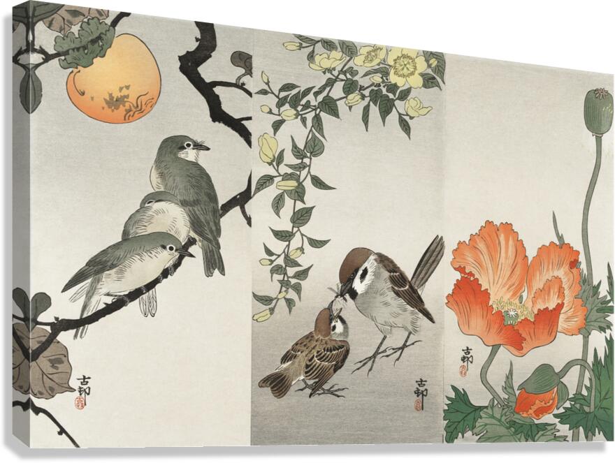 Ring sparrows and insect 1900 - 1936 by Ohara Koson 1877-1945. Canvas Print