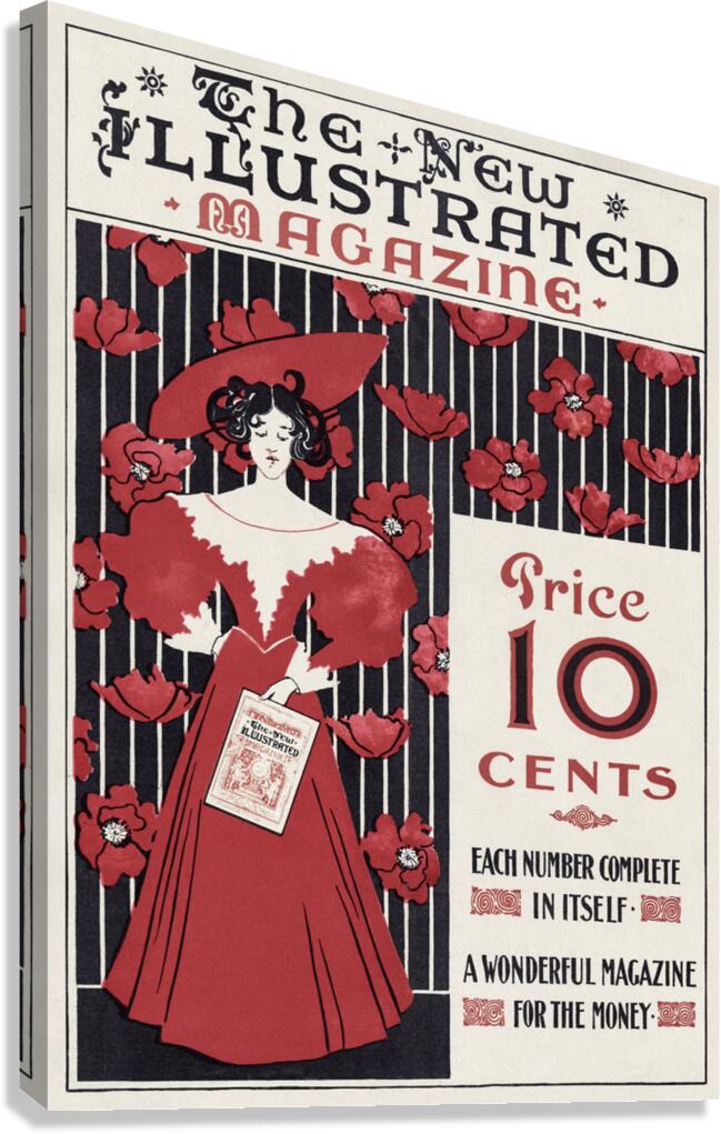 The New Illustrated Magazine 1890–1900 cover of flowers and a fashionably dressed woman holding magazine by Ethel Reed.  Canvas Print