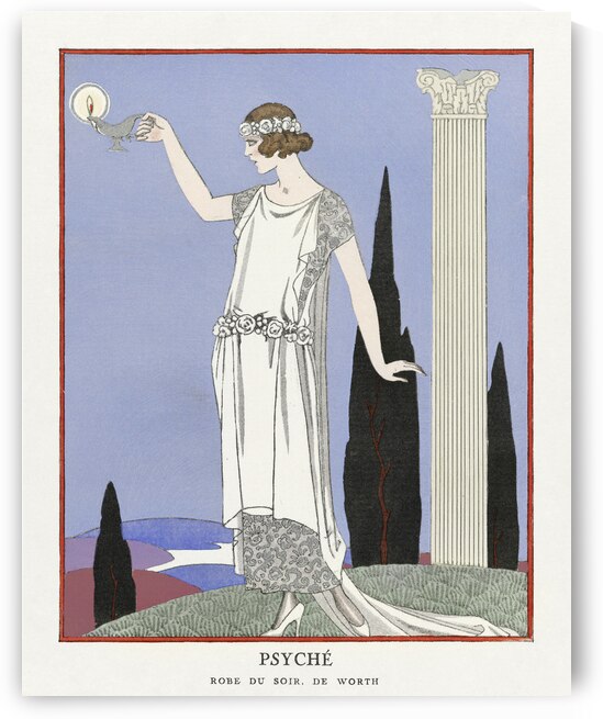Psych&eacute: Robe du soir de Worth from Gazette du Bon Ton No. 9 Pl. 68 1921 fashion illustration  by George Barbier.  by IStockHistory com