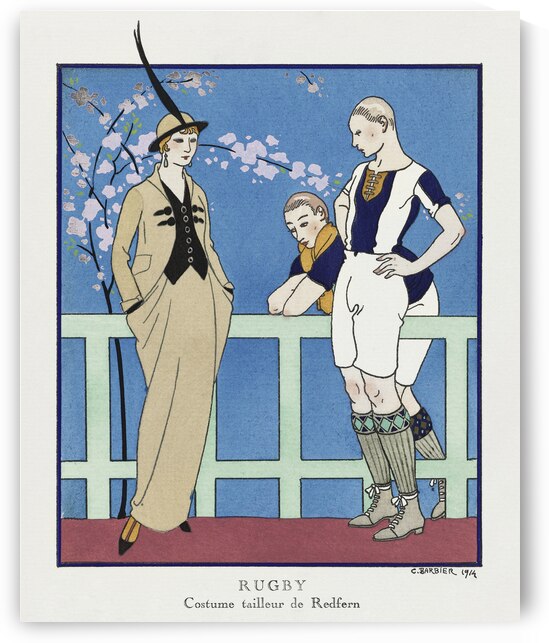 Rugby: Costume tailleur de Redfern from Gazette du Bon Ton No. 4 Pl. 39 1914 fashion illustration  by George Barbier.  by IStockHistory com