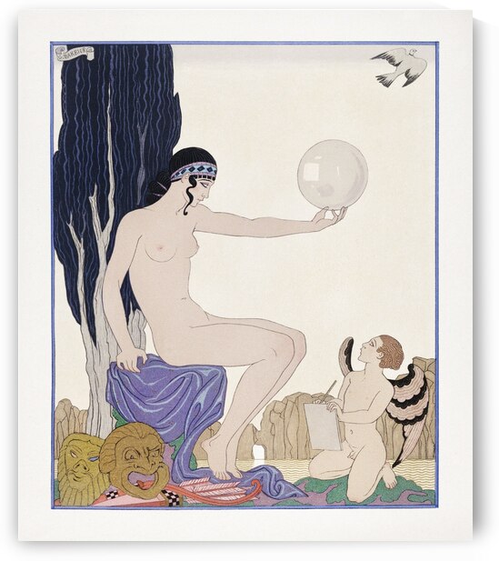 Seated woman and cherub 1929 fashion illustration by George Barbier. by IStockHistory com
