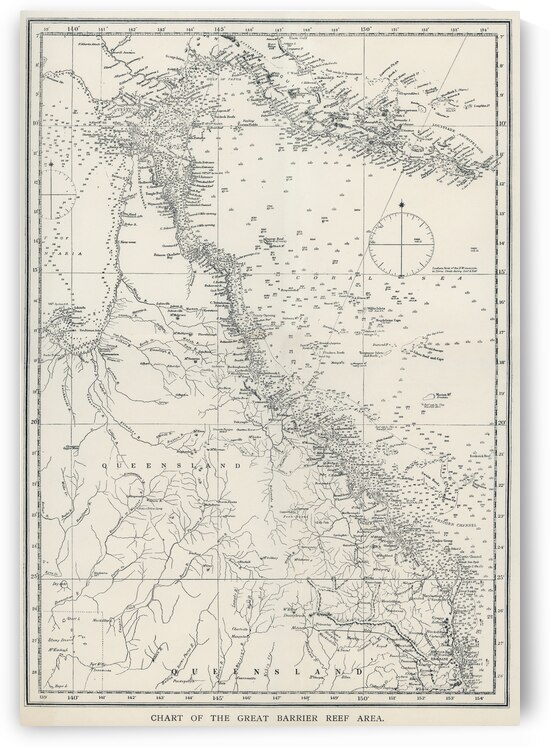 Chart of the Great Barrier Reef Area from The Great Barrier Reef of Australia 1893 by William Saville-Kent 1845-1908.  by IStockHistory com
