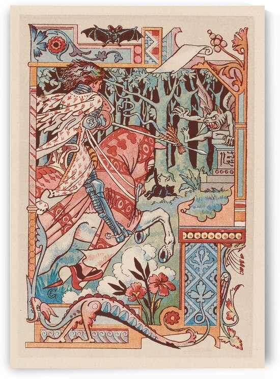 Chevalier sur son cheval pointant sa lance contre un diablotin Illustration by Eugène Samuel Grasset by IStockHistory com