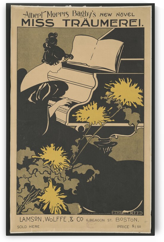 Woman playing piano with art nouveau style chrysanthemum flowers in foreground 1895 print by Ethel Reed. by IStockHistory com