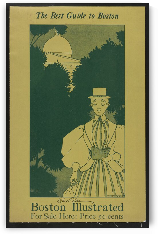 Woman wearing a striped dress with large sleeves a hat and carrying a purse 1898–1900 print by Ethel Reed. by IStockHistory com