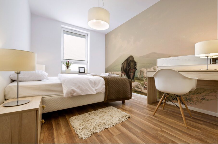 Buffalo Hunt White Wolves Attacking A Buffalo Bull 1844 Mural print