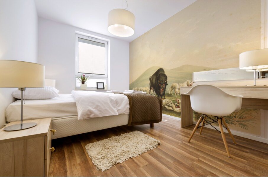 Buffalo Hunt White Wolves Attacking Buffalo Bull 1844  Mural print