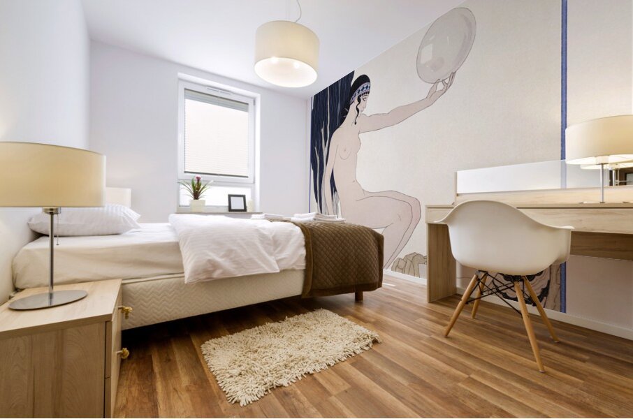 Seated woman and cherub 1929 fashion illustration by George Barbier. Mural print