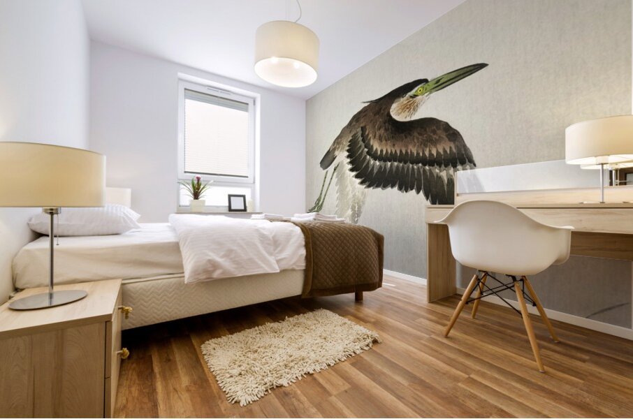 Heron at full moon 1900 - 1930 by Ohara Koson 1877-1945. Mural print