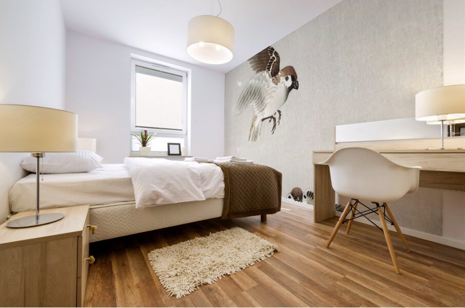 Tree sparrow with boy 1900 - 1936 by Ohara Koson 1877-1945. Mural print