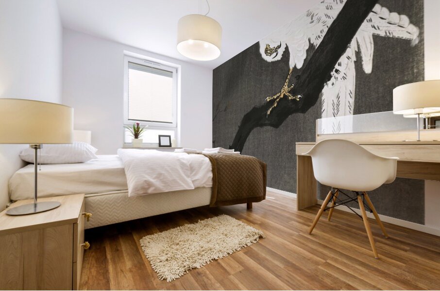 Snowy eagle on a tree branch 1910 - 1930 by Ohara Koson 1877-1945. Mural print