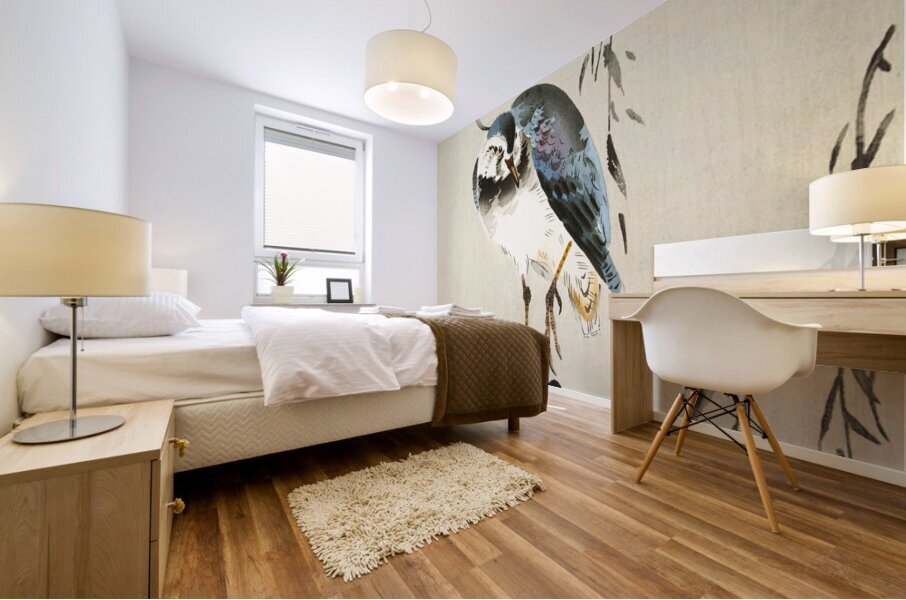 Lapwing on tree stump 1900 - 1930 by Ohara Koson 1877-1945. Mural print