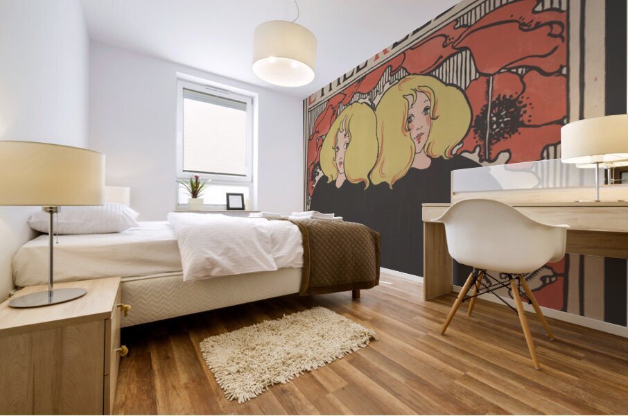 Twin blonde girls 1895 print by Ethel Reed. Mural print