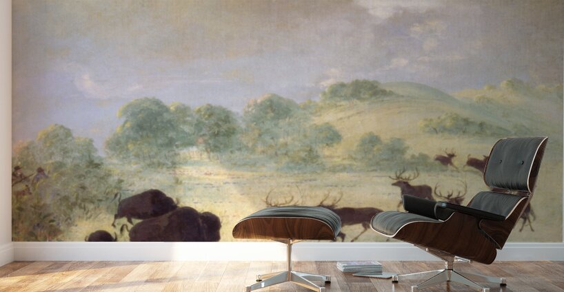 Elk and Buffalo Making Acquaintance Texas 1846-1848 Wall Murals