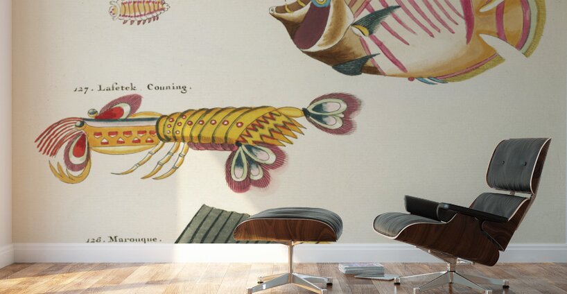 Colourful and surreal illustrations of fishes and lobster found in Moluccas Indonesia and the East Indies by Louis Renard 1678 -1746 from Histoire naturelle des plus rares curiositez de la mer des Indes 1754. Wall Murals
