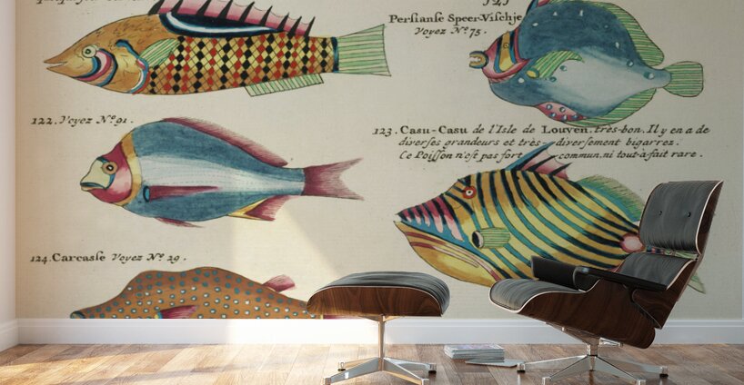 Colourful and surreal illustrations of fishes found in Moluccas Indonesia and the East Indies by Louis Renard 1678 -1746 from Histoire naturelle des plus rares curiositez de la mer des Indes 1754. Wall Murals