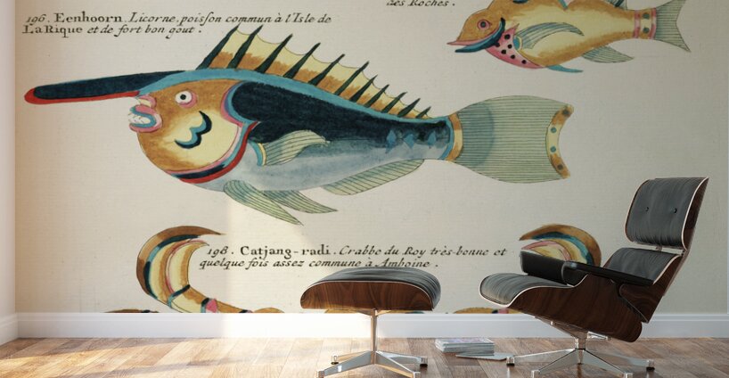 Colourful and surreal illustrations of fishes lobster and crab found in the Indian and Pacific Oceans by Louis Renard 1678 -1746 from Histoire naturelle des plus rares curiositez de la mer des Indes 1754. Wall Murals