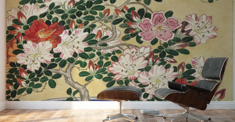 Blooming azalea in blue pot 1920 - 1930 by Ohara Koson 1877-1945. Wall Murals