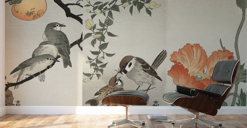 Ring sparrows and insect 1900 - 1936 by Ohara Koson 1877-1945. Wall Murals